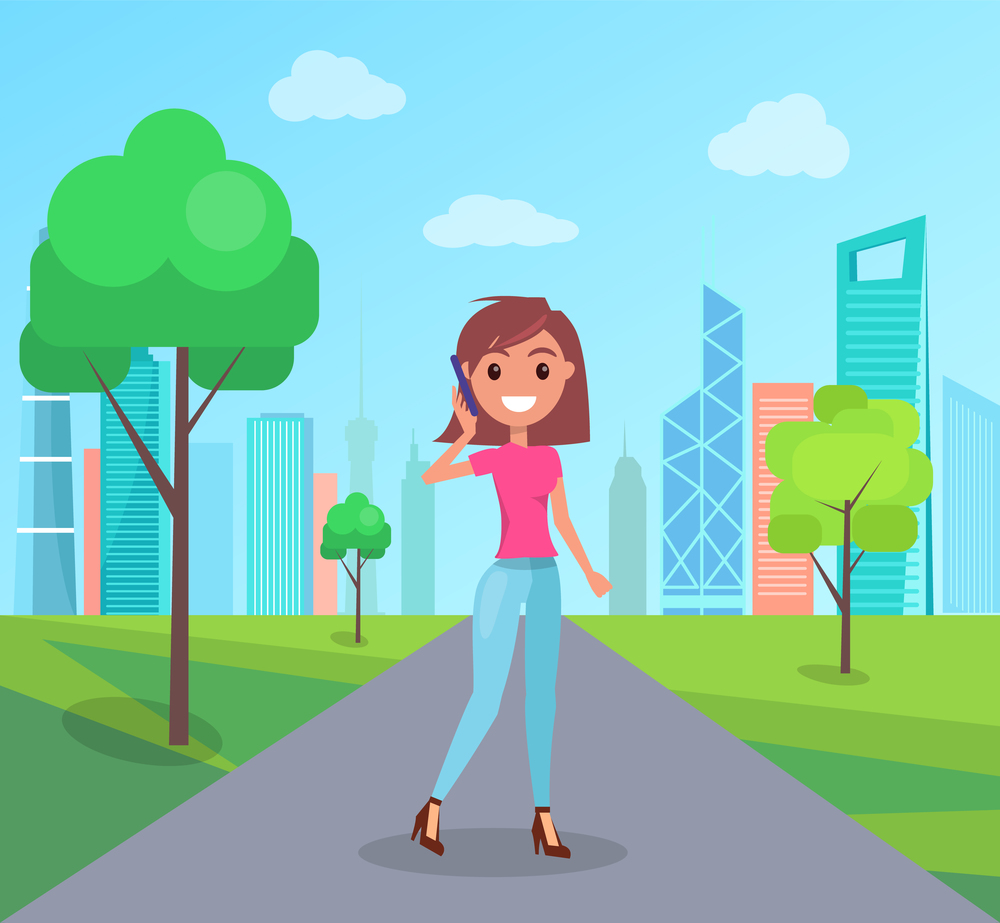 Smiling woman character holding phone device, walking down the street and talking. Pretty positive girl wearing casual clothes in city park. happy lady with smartphone, vector student or girlfriend. Smiling woman character holding phone device and talking. Pretty positive girl wearing casual clothe