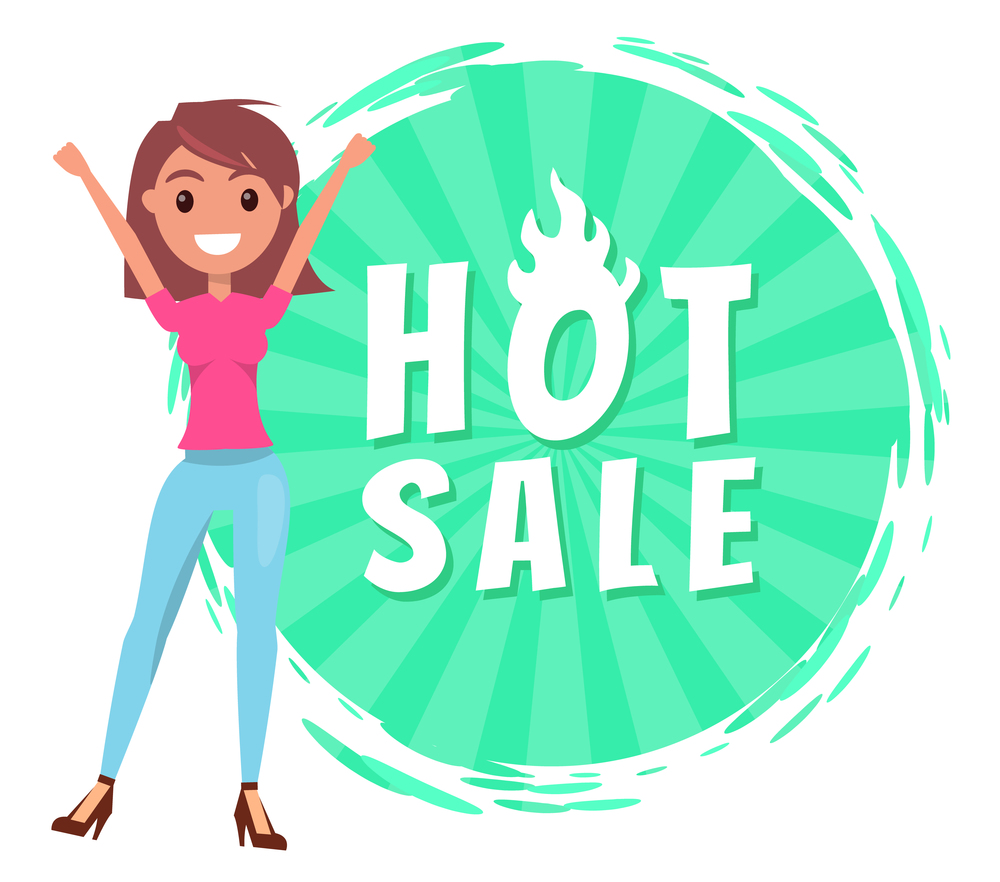 Cheerful young woman hot sale vector banner clearance sale, end of season, promotional discounts. Smiling girl with happy face expression standing both hands joyfully raised up and hot sale lettering. Cheerful woman hot sale vector banner clearance sale, smiling girl with happy face expression