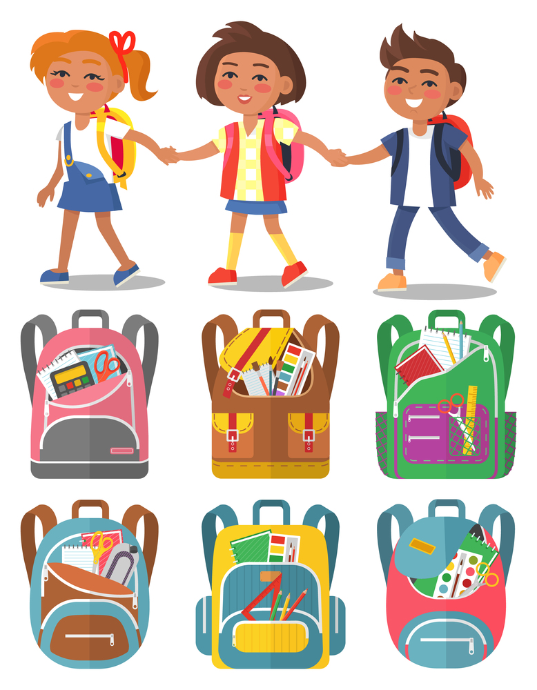 Schoolkids hold hands and smiling. Children going with bagpacks after classes. Schoolbags full of school stationery vector illustration. Back to school concept. Flat cartoon. Schoolchildren Hold Hands, Backpacks with Supplies