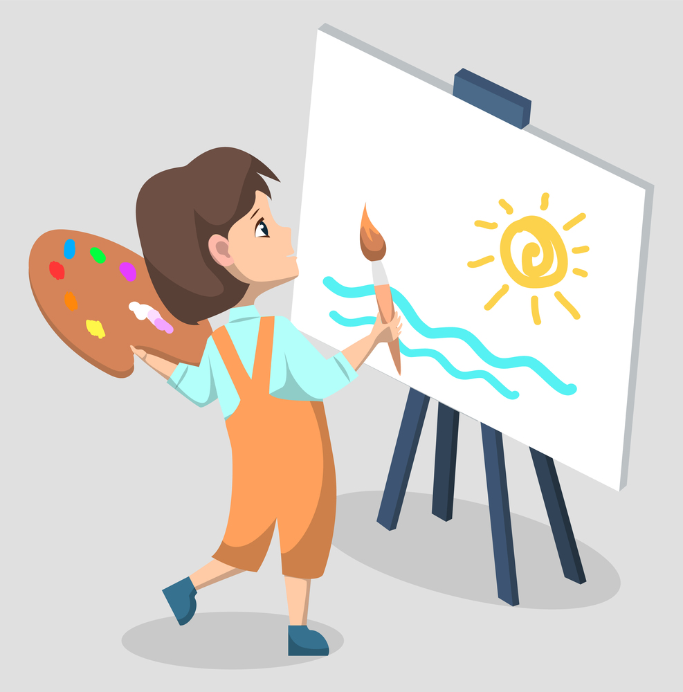 Kid with paintbrush vector, isolated character drawing new masterpiece. Easel with canvas, kid holding palette with colors, talented girl, pupil in classroom artistic classes back to school concept. Pupil Drawing Painting on Canvas at Lessons Vector