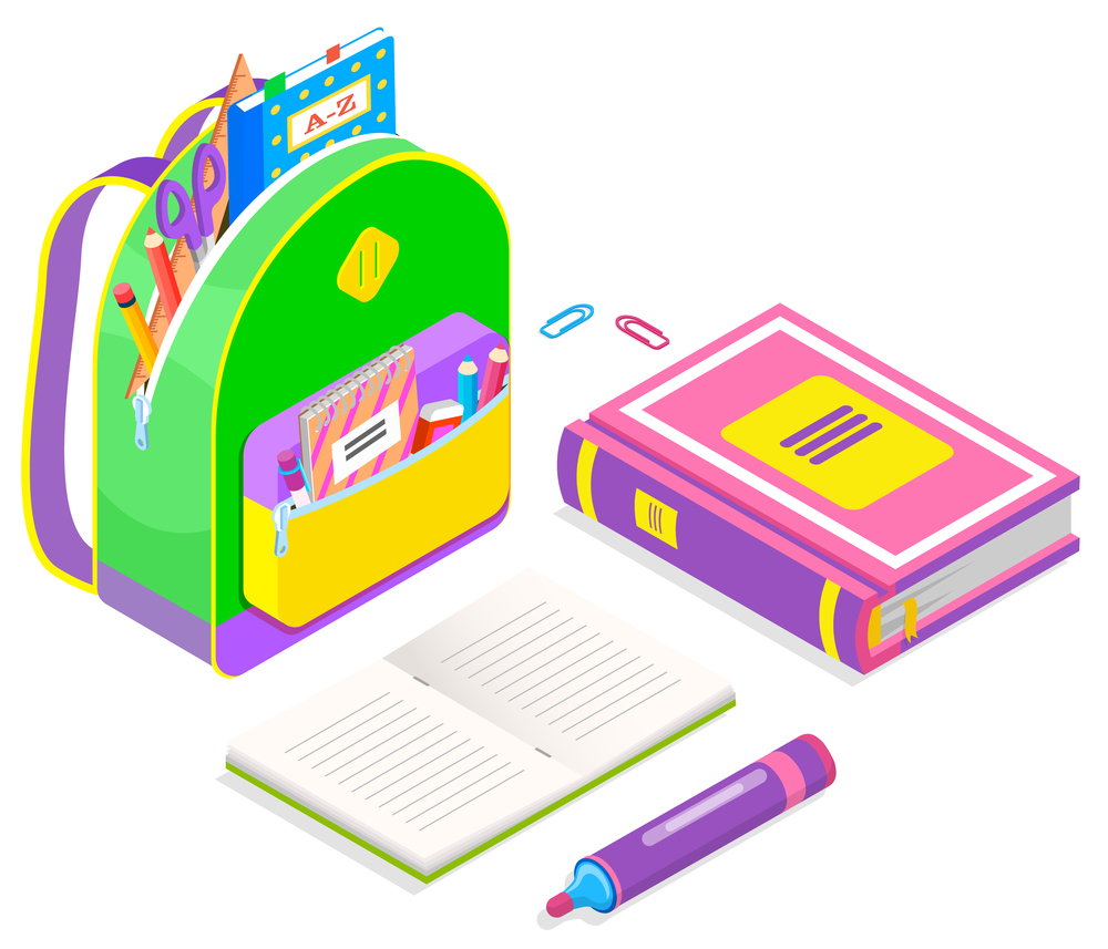 Colorful backpack full of school supplies isolated on white. Textbook, felt-tip pen, paper clips, copybook with green cover, paper scissors and eraser. Stationery isometric style vector illustration. School Supplies and Stationery Isolated Vector