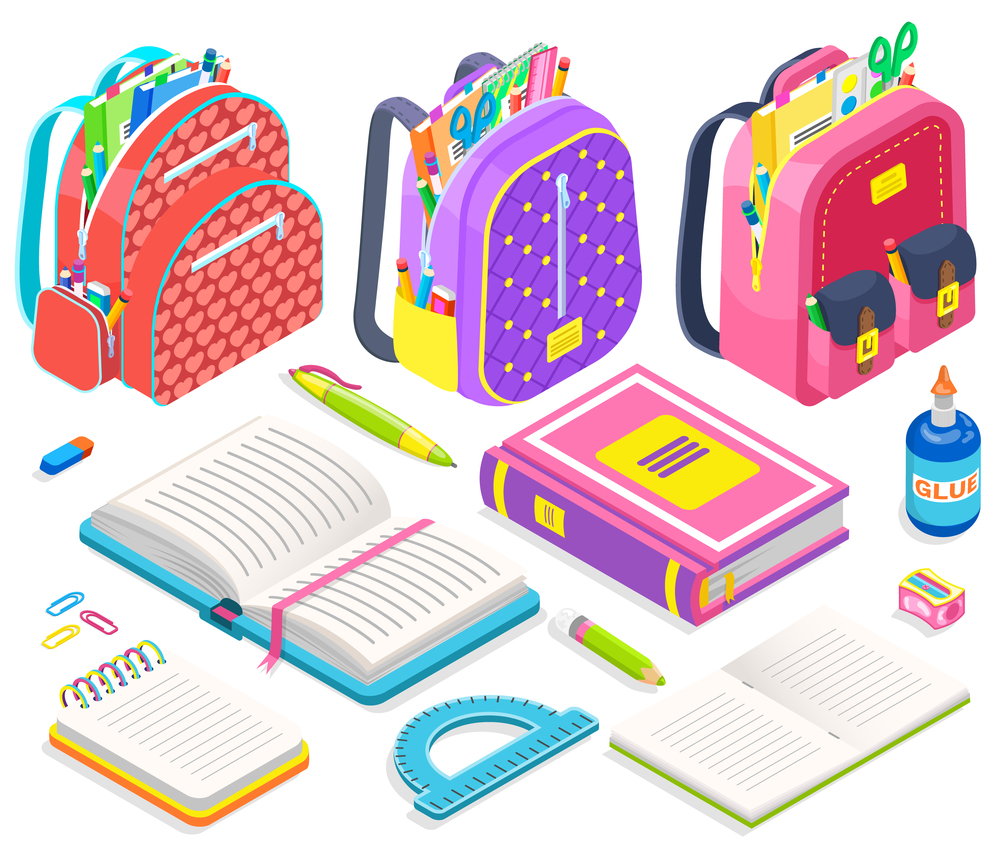 Schoolbag with supplies for classes vector, isolated set of books and pencils, back to school concept. Isometric cartoon of satchels with scissors and glue bottle, ruler and pen sharpener and notebook. Satchels with School Supplies, Books and Pencils