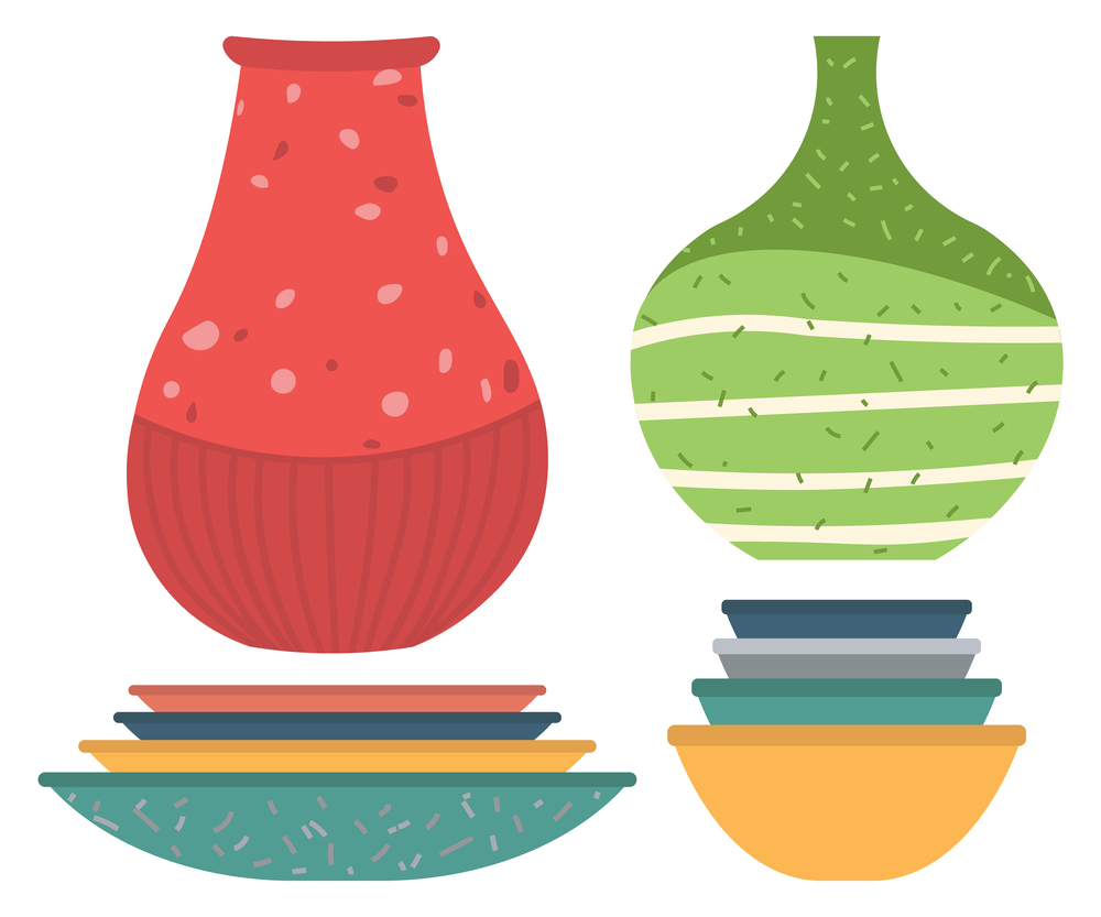 Set of striped vase isolated on white. Crockery decorative jar with waves ornament, color pot in flat style design, ceramic flowerpot. Handmade items from clay. Vase for flowers. Vector illustration. Green Striped Vase Isolated on White Vector Image