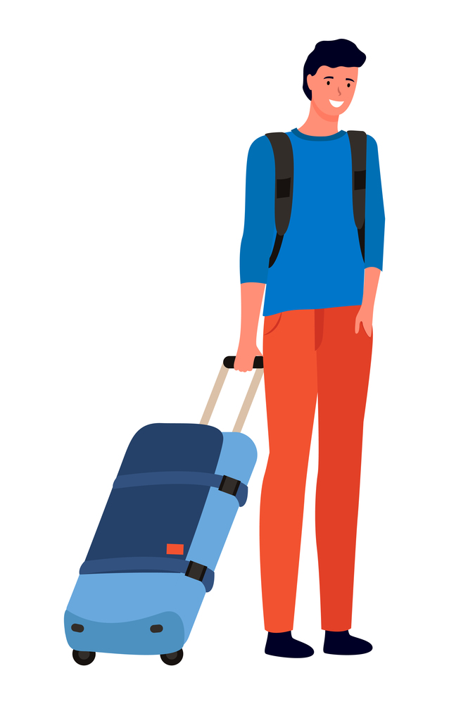 Traveling and tourism, man with suitcase waiting for flight vector. Male character businessman with baggage or luggage, airport plane passenger, tour. Man with Suitcase Waitin for Flight, Traveling