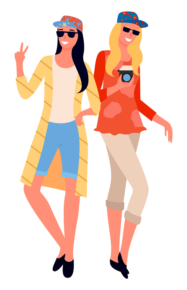 Weekends and relaxation vector, isolated female characters wearing fashionable clothes posing for photo. Lady with camera in hands tourists vacation. Woman on Vacation, Friends Fashionable Ladies