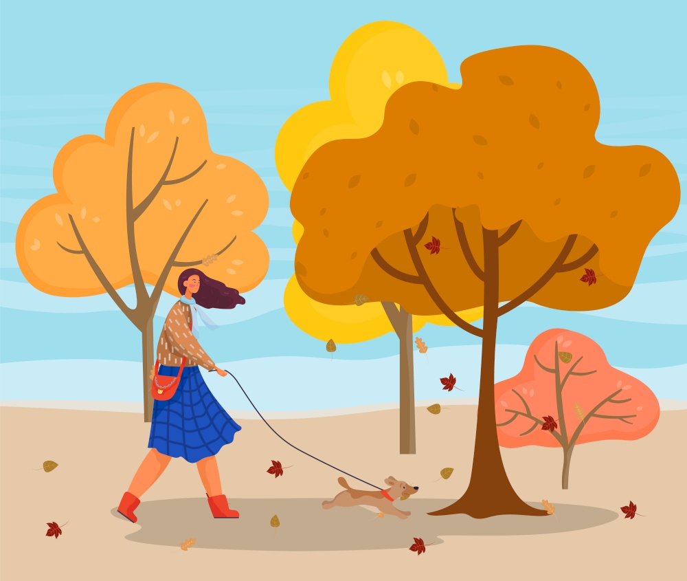 Girl with dog, autumn outdoor activity, owner walking with pet, female character in park vector. Puppy and woman in windy weather, fallen leaves. Fashion clothes and domestic animal illustration. Autumn Landscape, Girl Walking with Dog in Park