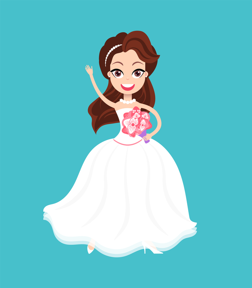 Woman standing in dress waving hand, smiling bride holding bouquet of flowers, portrait view of newlywed character, hen-party or wedding invitation vector. Bride Holding Bouquet, Wedding Element Vector