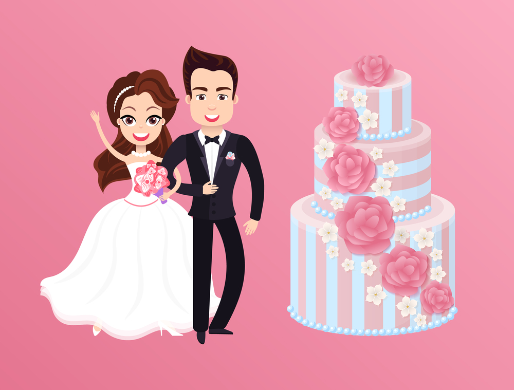 Happy bride with groom and holiday cake. Vector newlywed couple on wedding, wife with pink rose bouquet and luxury multilayer pie isolated on pink. Happy Bride with Groom and Holiday Cake. Vector