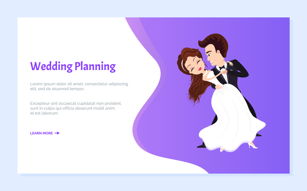 Wedding planning vector, first dance of married couple, bride wearing long dress, groom kissing female on cheek, happy pair dancing on ceremony. Website or webpage template, landing page flat style. Wedding Planning, Bride and Groom on First Dance