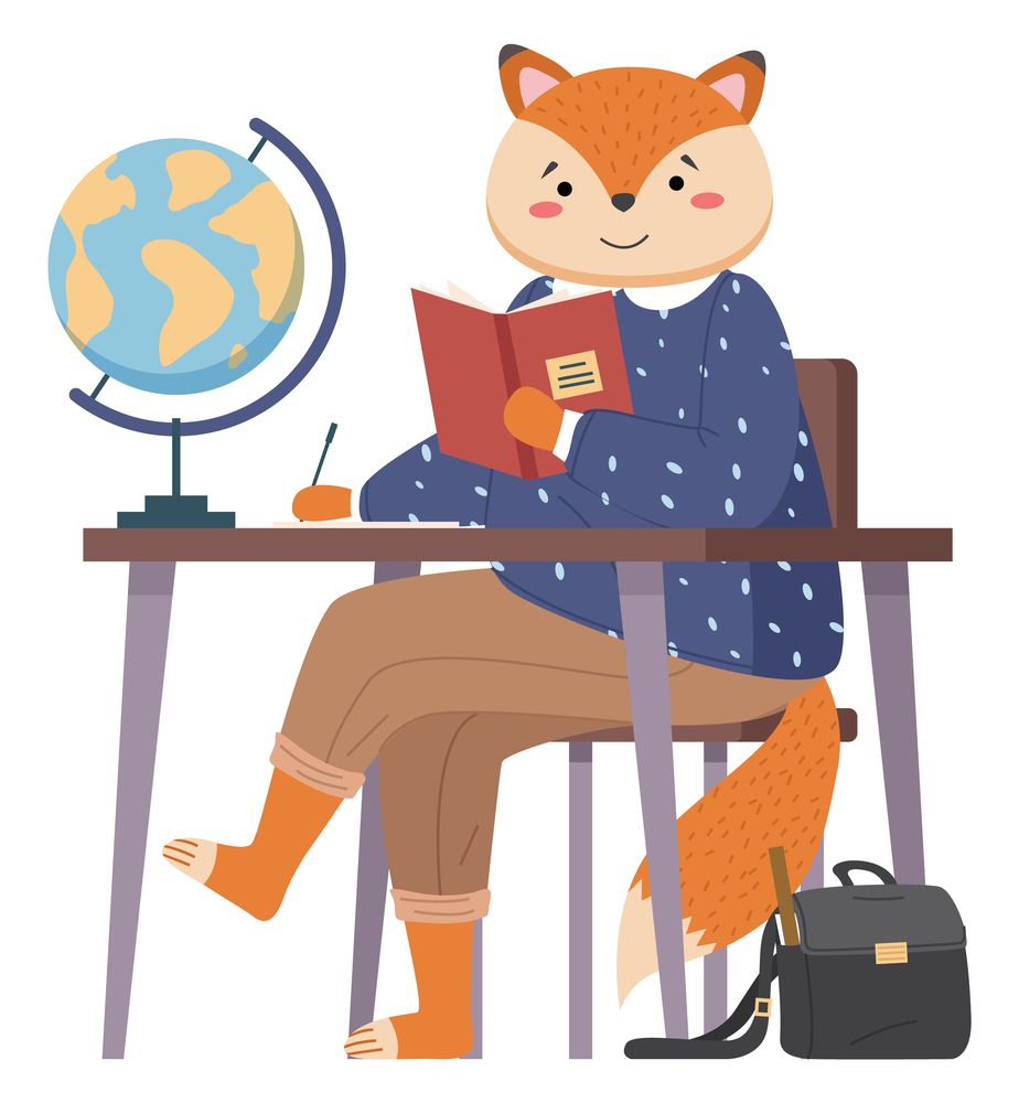 Funny cartoon animal student. Lovely cute fox came to study, sitting at a table in geography class with globe, makes notes in a notebook . Back to school concept. Nice fox in school clothes. Funny cartoon animal student. Lovely cute fox came to study, sitting at a table in geography class