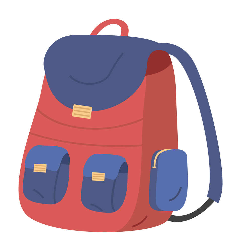 Illustration of red and blue school bag on a white background. Kids backpack with education equipment. Education and study back to school, schoolbag luggage in cartoon style, vector rucksack. Illustration of red and blue school bag on a white background. Kids backpack, schoolbag luggage