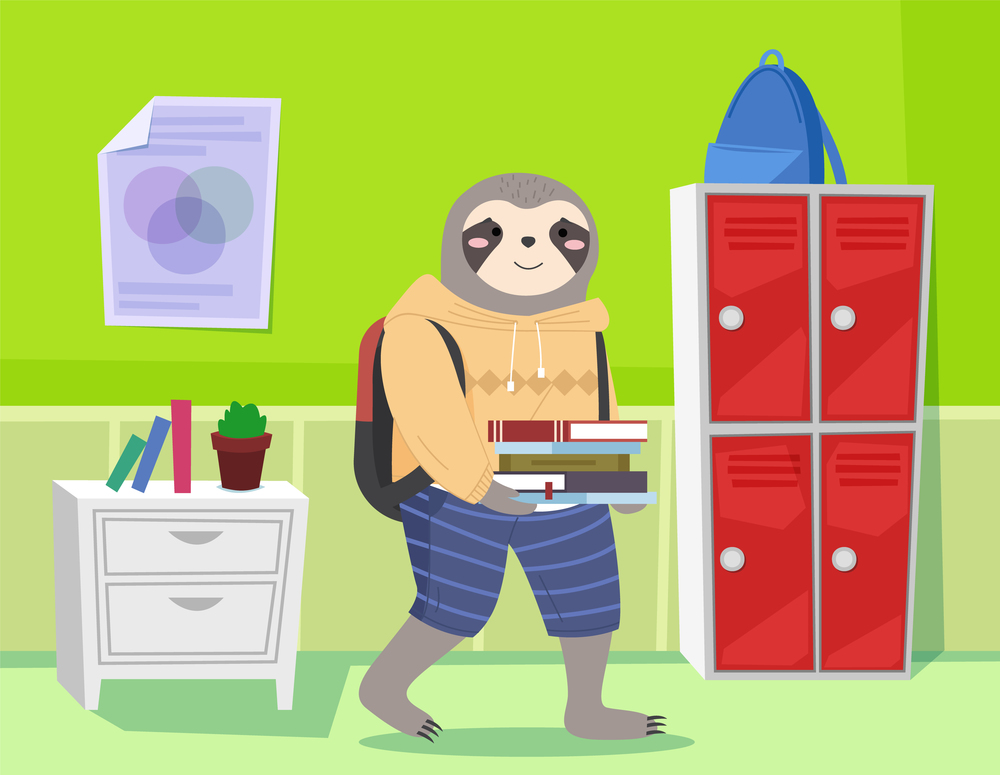 Funny cartoon animal student. A sloth schoolboy with stack of books in hands in the class. Smart active pupil with a school bag enters the classroom for a lesson. Back to school, education theme. Funny cartoon animal student. A sloth schoolboy with stack of books in hands in the class
