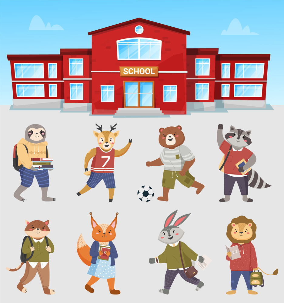 Illustration of animals students near school building. Collection of funny vector cartoon schoolkids. Characters of forest inhabitants get an education, studying with books, children go to study. Illustration of animals students near school building. Collection of funny vector cartoon schoolkids