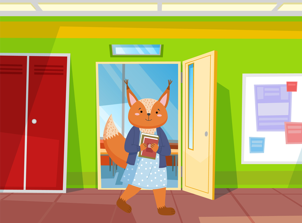 Funny cartoon animal student. A fox schoolgirl with stack of books in hands in the class. Smart active pupil enters the classroom for a lesson. Back to school, education theme flat vector illustration. Funny cartoon animal student. A fox schoolgirl with stack of books in hands in the class