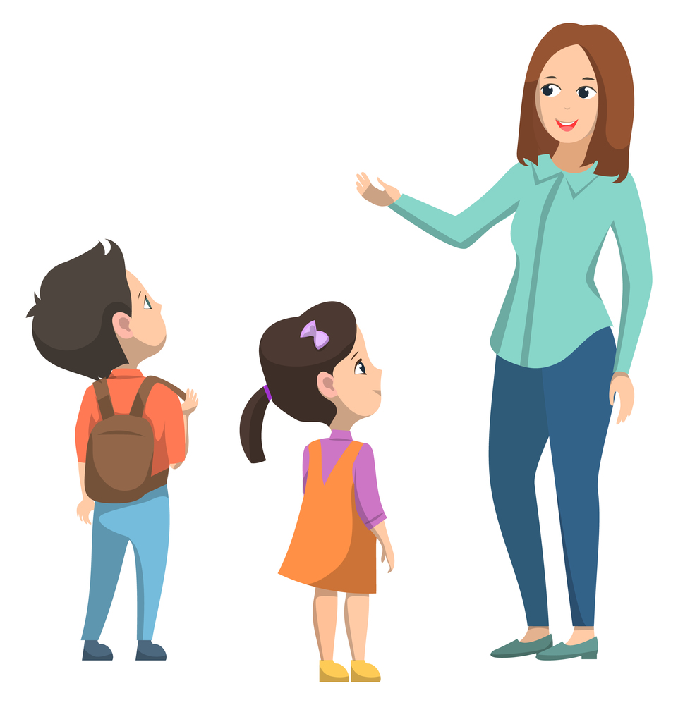 Schoolgirl and schoolboy standing near teacher. Boy with brown backpack on his back. Little girl in orange dress. Woman talking with pupils. Back to school concept. Flat cartoon vector illustration. Girl and Boy Listening with Teacher in School