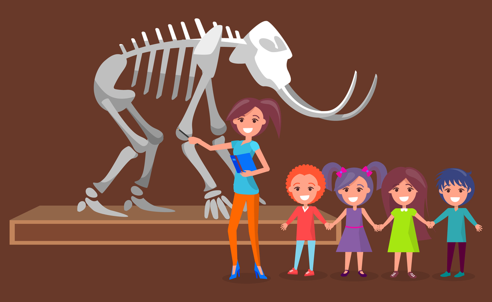 Schoolkids and teacher visit natural history museum. Skeleton of mammoth with big tusks and bones. Guide explaining about animal to pupils vector. Schoolkids with Teacher in Museum with Skeleton