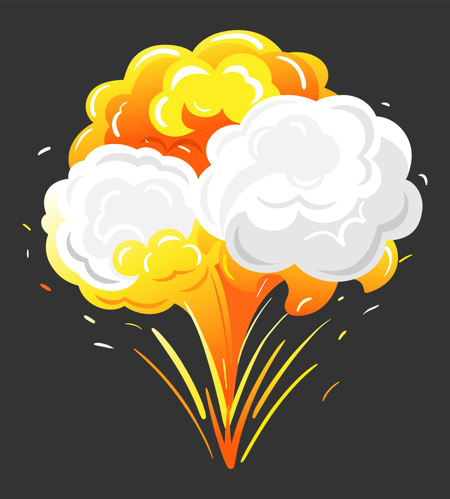 Big explosion with orange and grey clouds of fire and dust. Isolated bang in motion, bright and radial bursting. Chemical outburst of energy. Vector illustration of burst impact in flat style. Big Explosion, Impact of Bang with Orange Cloud