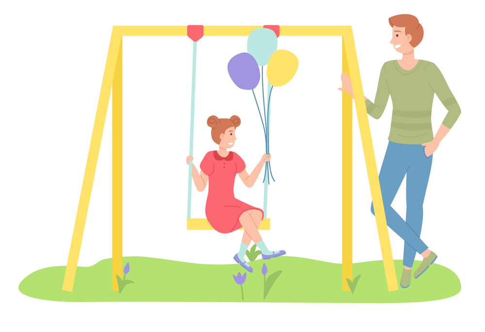 Man walking with daughter, girl swinging on a slide swing at the playing field. Happy cartoon kid holding baloons, playing on the backyard with father. Childrens summer playground, outdoor activities. Man walking with daughter, girl swinging on a slide swing at the playing field. Kid holding baloons