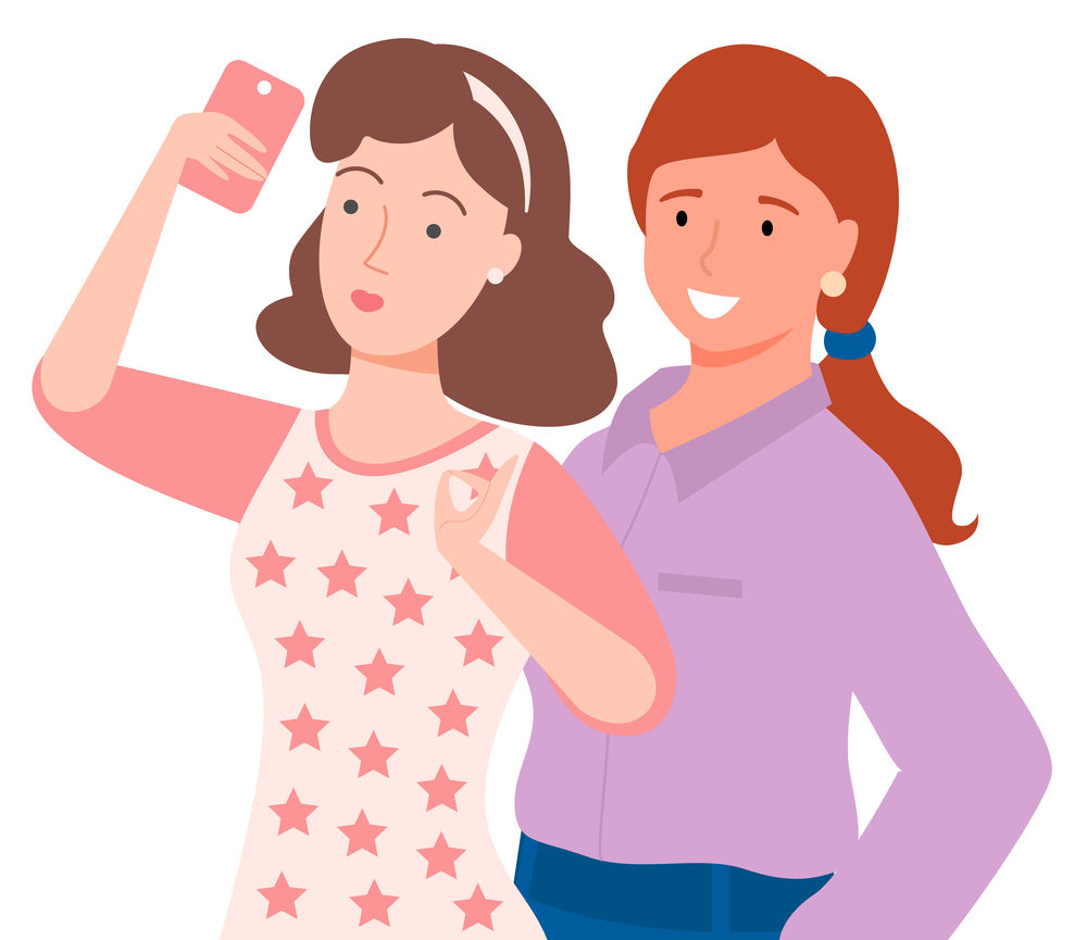 Taking selfie icon. Women taking selfie vector icon for web design isolated on white background. Two Women Taking Selfie on Smartphone Vector Image