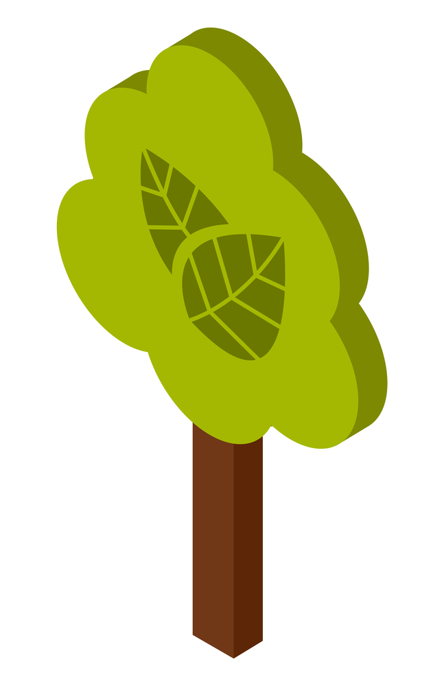 Green tree minimalistic design with a lush crown, thick brown trunk isolated on white background. Flat vector illustration of big plant with foliage round shape, landscape element in cartoon concept. Green tree minimalistic design with a lush crown, thick brown trunk isolated on white background