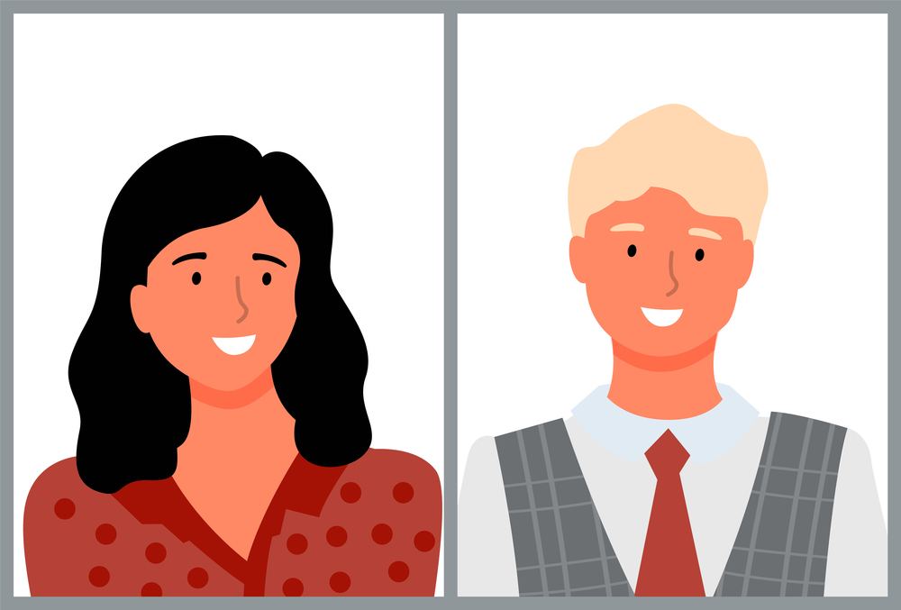 People portrait vector, man and woman, male with grey hair and broad smile on face, woman smiling, brunette stylish look of lady in blouse flat style. Old Man and Young Female Brunette Girl Portrait