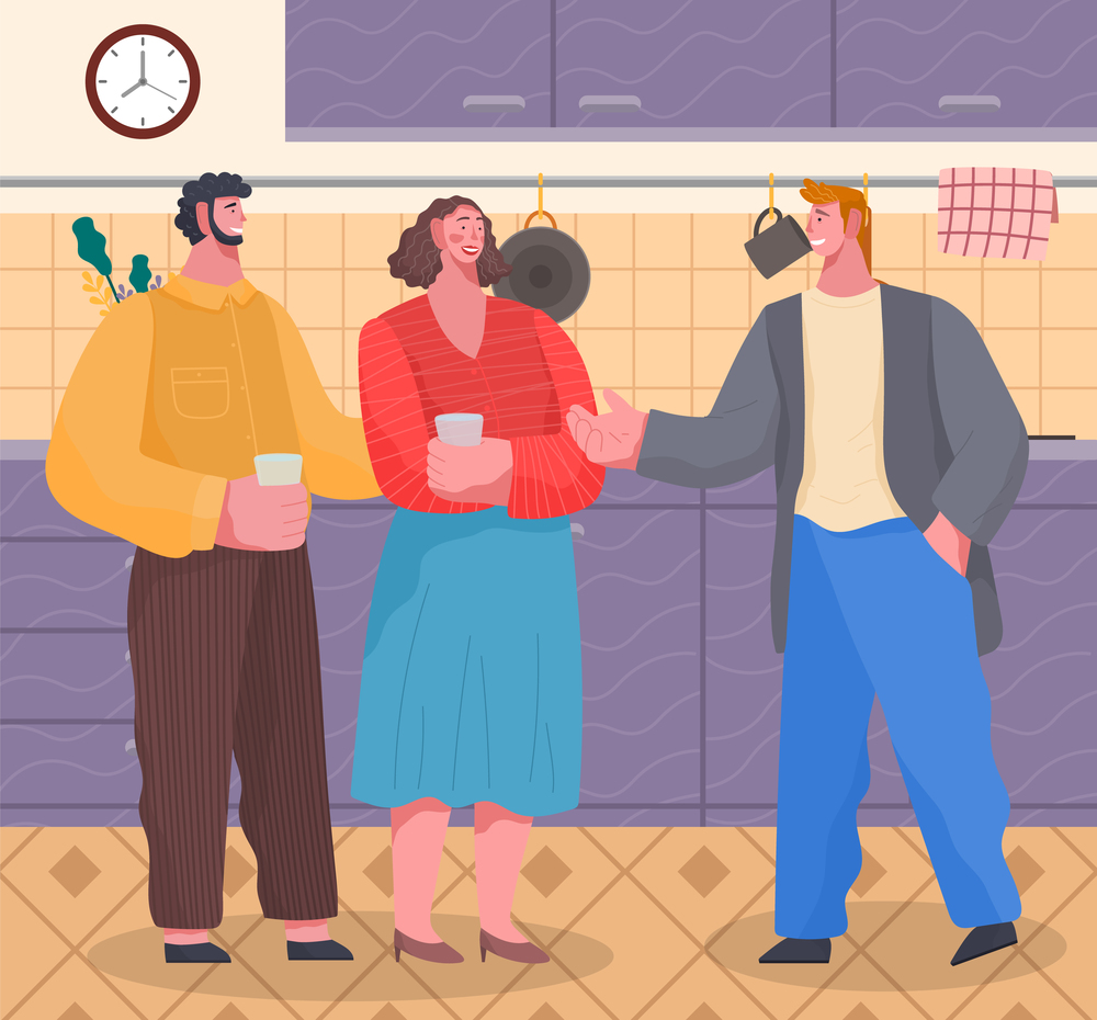 Friends spending leisure time together at home reception. People stand and drink in kitchen. Men and woman have conversation. Cozy room interior with furniture. Vector illustration in flat style. Friends Talk with Each Other at Home Reception