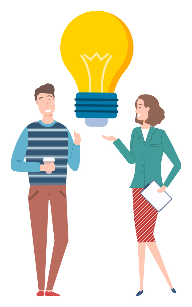 Man and woman creating idea, light bulb sign. Portrait view of colleagues holding coffee and papers, partnership and discussing work, fantasy vector. People Discussing, Create Idea, Light Bulb Vector