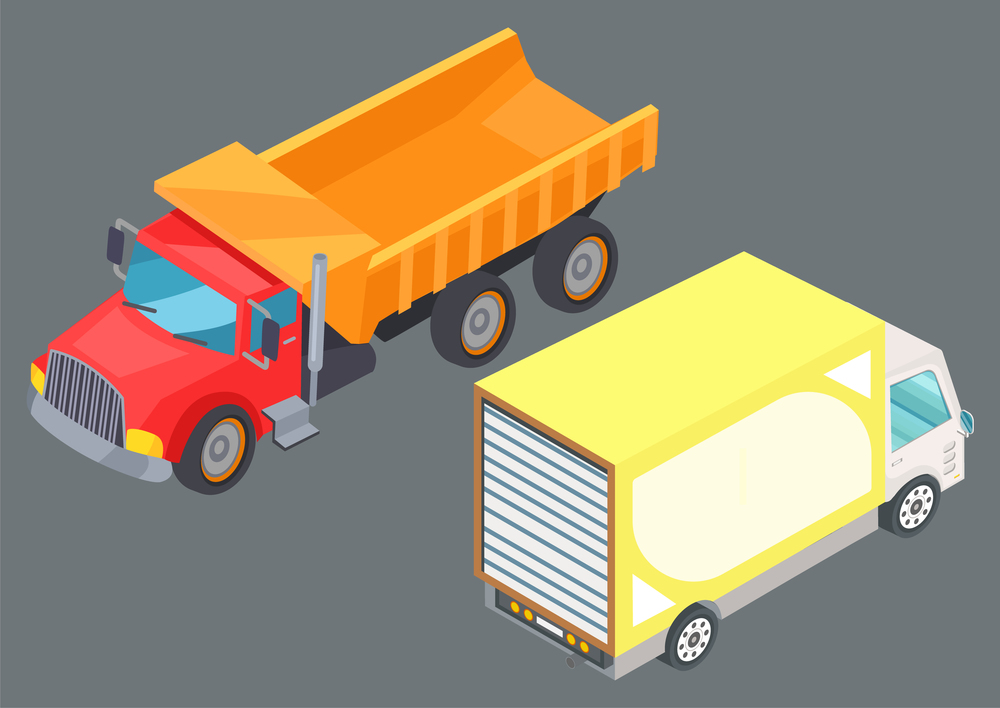Two colorful lorry trucks on road. Motor vehicles for freight. Big automobile for fast transportation goods. Logistics delivery vector illustration. Two Colorful Lorry Trucks on Road Vector Image