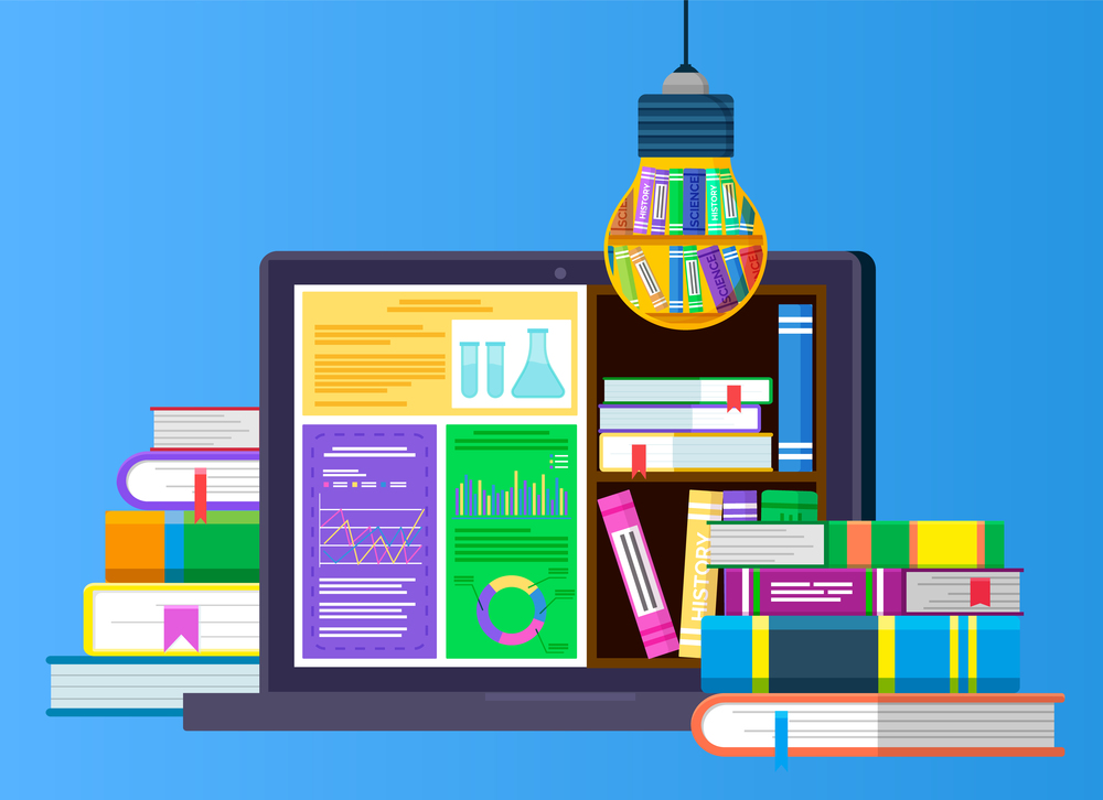 Opened laptop with educational materials from science and bookshelf. Bookcase with history books in light bulb, electronic library in your device. Vector illustration of online learning in flat style. Electronic Library, Laptop with Stack of Books