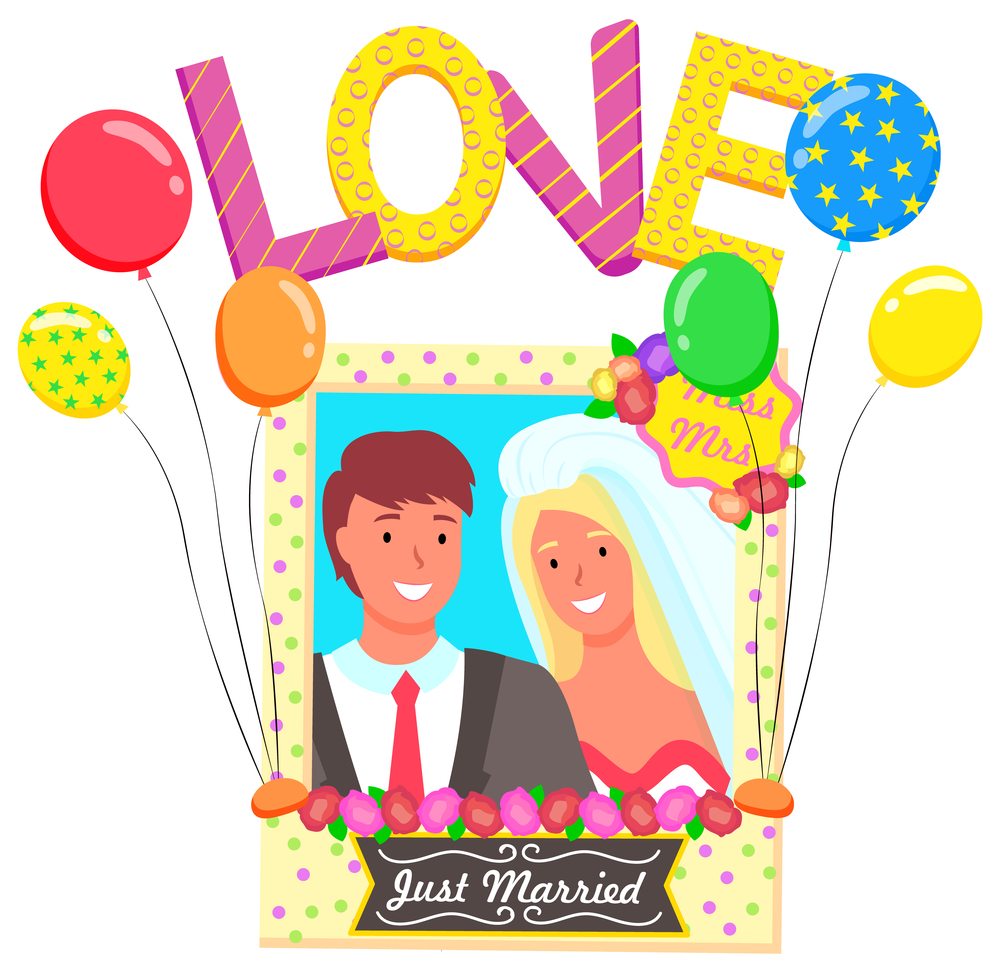 Photozone for just married couple vector, isolated man and woman celebrating wedding day flat style. Character with love letter balloons, flowers and frame made of carton. Bride and groom photo. Just Married Couple Taking Photo Frame Photozone