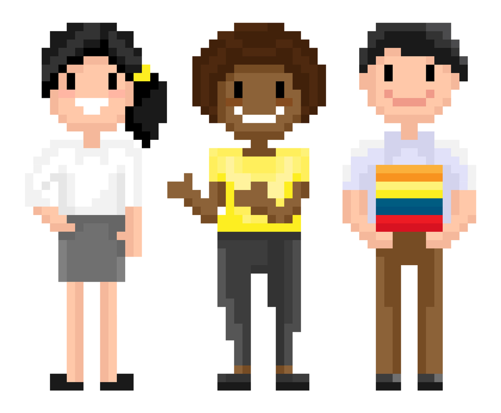 Man and woman pixelated graphics of 8 bit game isolated character of pixel game, mosaic representation, Afro American and Evropean personages, friends spending time together, for business or education. Character of Pixel 8 Bit Game, Man and Woman Vector