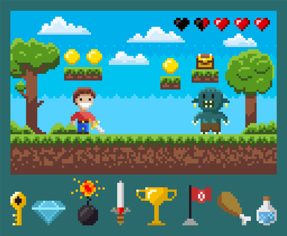 Battle of superhero with galive and monster, power symbols key, diamond and bomb, steel and cup, flag and meat with flask, screen of pixel game vector. Screen of Pixel Game, Knigth and Geek, War Vector