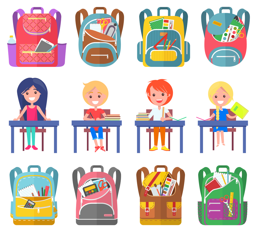Smiling classmates sitting at desktop with notebook, backpack sticker on white. Girl and boy studying, pen and pencil in school bag, education sign vector. Back to school concept. Flat cartoon. Girl and Boy Studying, Backpack Sticker Vector