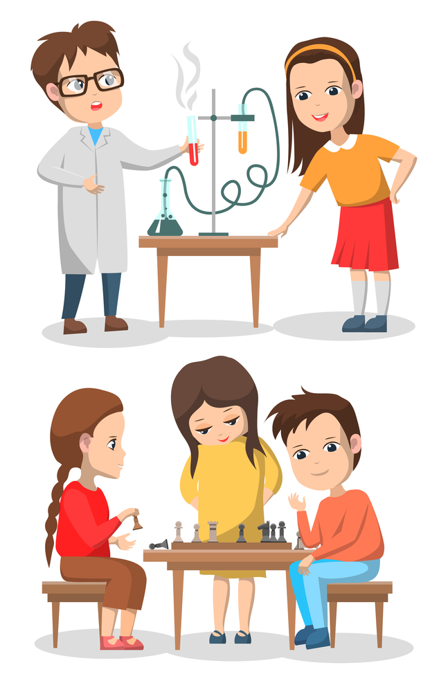 Kids playing chess board games vector, isolated children on lesson and in club. Chemistry classes with teacher and experiments, science and intelligence, back to school concept. Flat cartoon. Chemistry Classes Boy and Girl Chess Club Kids