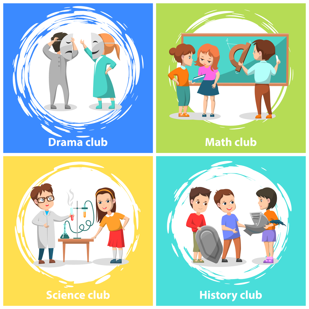 Drama and math club vector, back to school concept. Flat cartoon of history and science lessons of children, boys playing in field grass hockey. Kiddo wearing masks and costumes for performance. Drama and Math Club, Science and History Classes