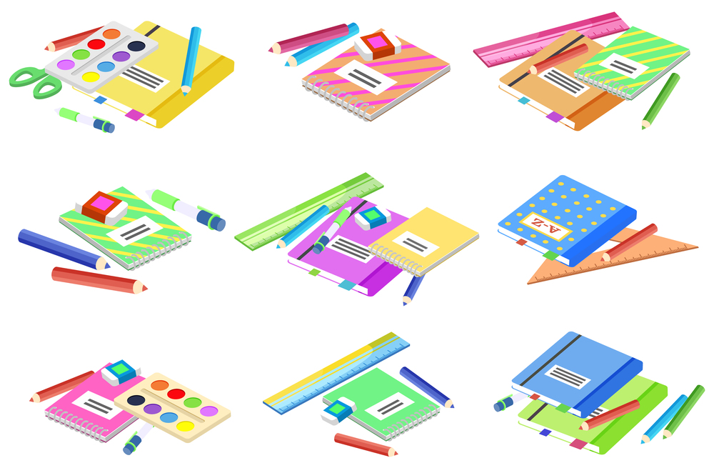 Back to school concept, supplies for lessons vector. Isometric cartoon of textbook and notebook, pencil and pen, paintbrush and ruler, palette of colors and scissors. Knowledge and education. School Supplies, Books and Pencils for Lessons