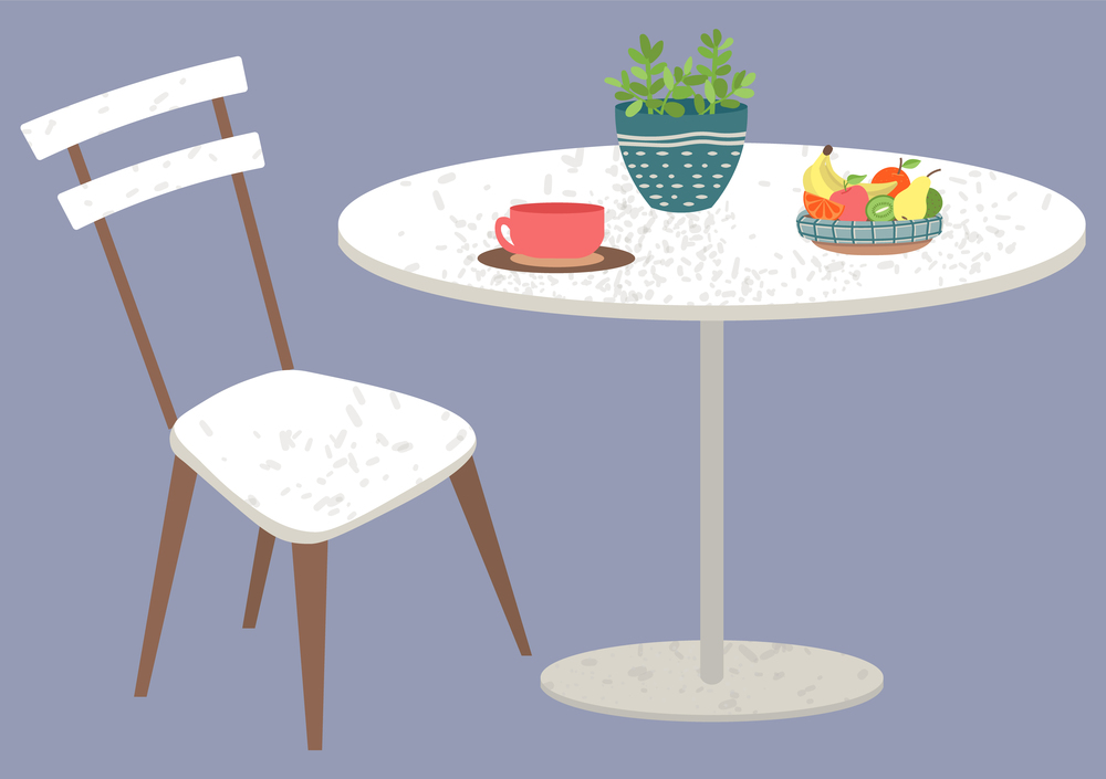 Table with chair vector, isolated rounded desk with served meal in bowl. Fruits and cup of coffee, plant decoration. Banana and kiwi, apple and pear. Chair with Table and Food Served on Top Diner