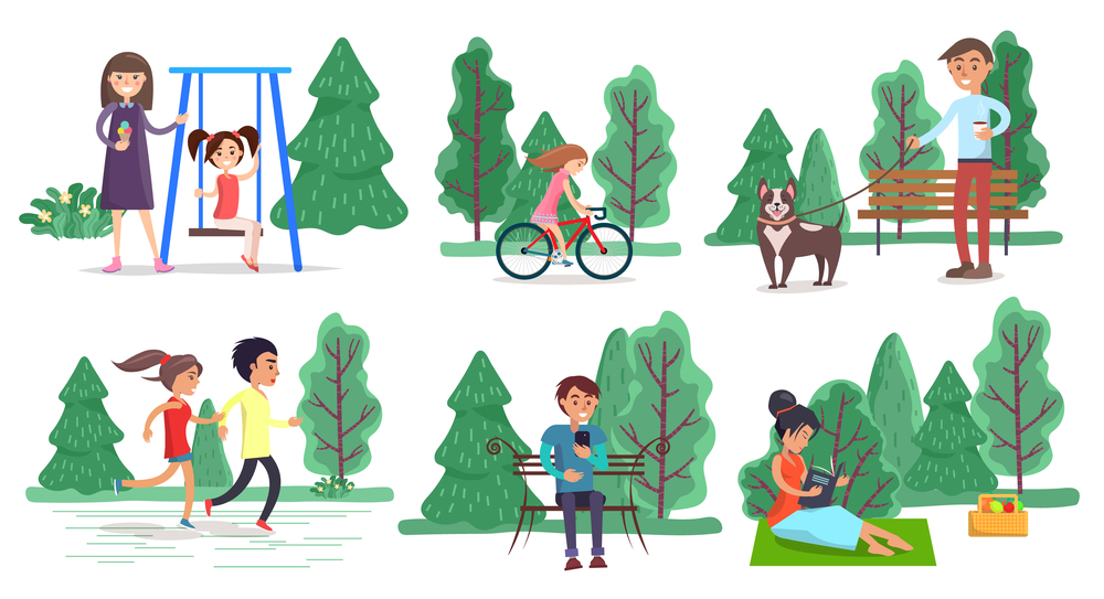 Outdoor activity on nature, people walking in park vector. Girls on swings, guy with dog, couple running or jogging, kid riding bicycle, man on bench. Woman reading, summertime leisure illustration. People Walking at Park, Summer Outdoor Activities