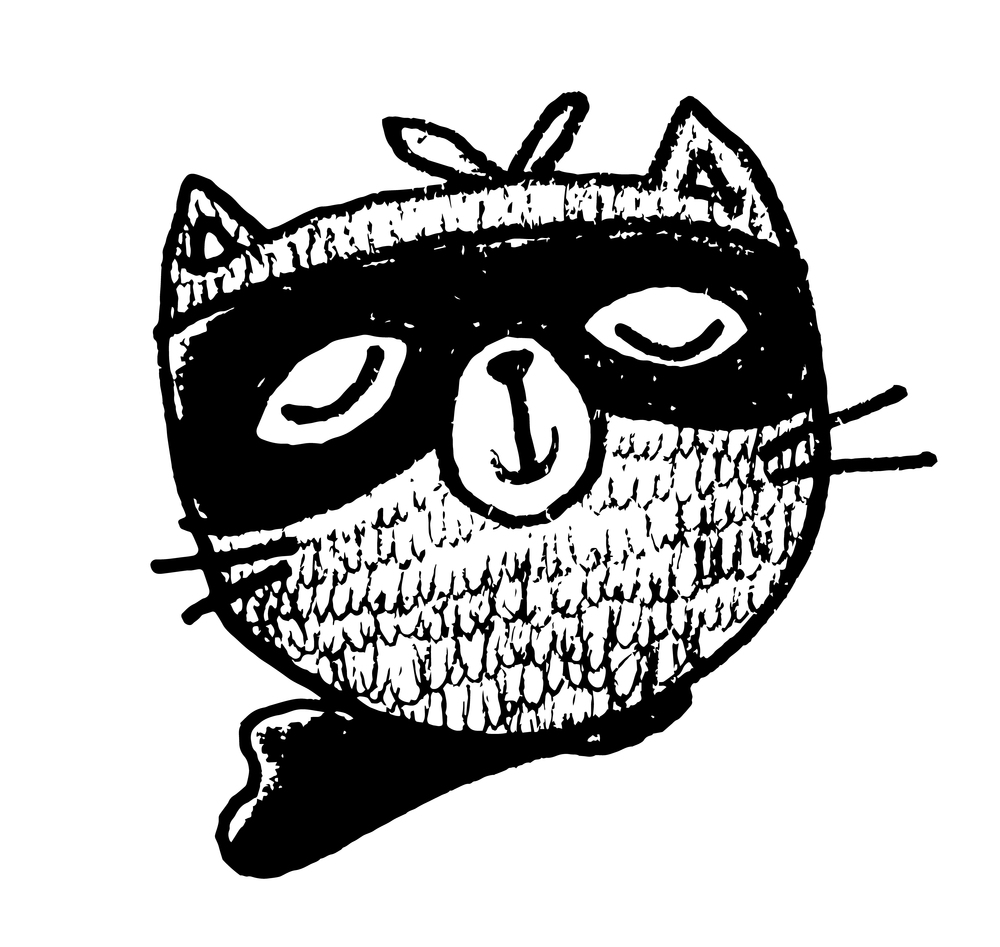 Black and white hand drawn illustration. Portrait of cute cat wearing mask, cape dreaming to be as superhero. Funny logo, sticker, lable. Using in typography. Smiling character cat with closed eyes. Cute drawn cat in mask of superhero with cape, funny hand drawn cat smiling with closed eyes