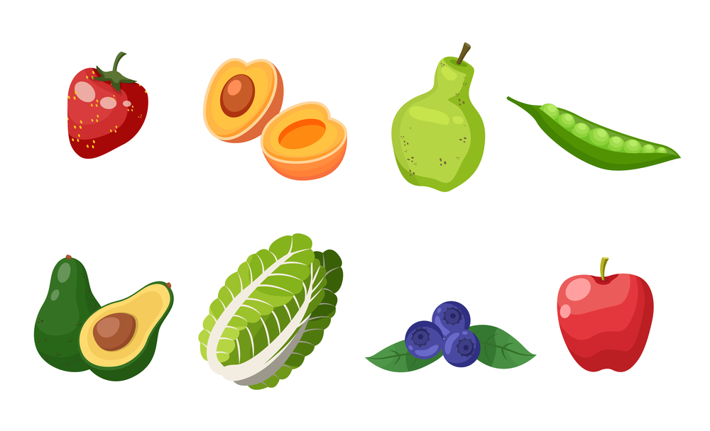 Collection of fresh fruits. vegetables, berries. Red strawberry, cutted apricot, pear, pea pod, avocado, chinese cabbage, blueberries, red apple. Healthy eating keeping diet vegeterian concept. Collection of fresh strawberry, apricot, pear, peas, avocado, chinese cabbage, blueberries, apple