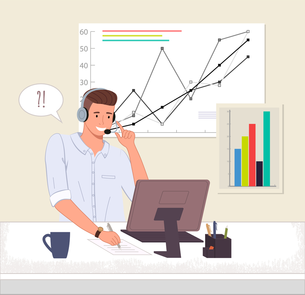 Male operator business support call center or hotline. Man in headphones sits at a computer and chats online. Bar chart and graph on the background. Hotline customer helpdesk business assistance. Man operator business support call center ot hotline at the computer speaks with client online