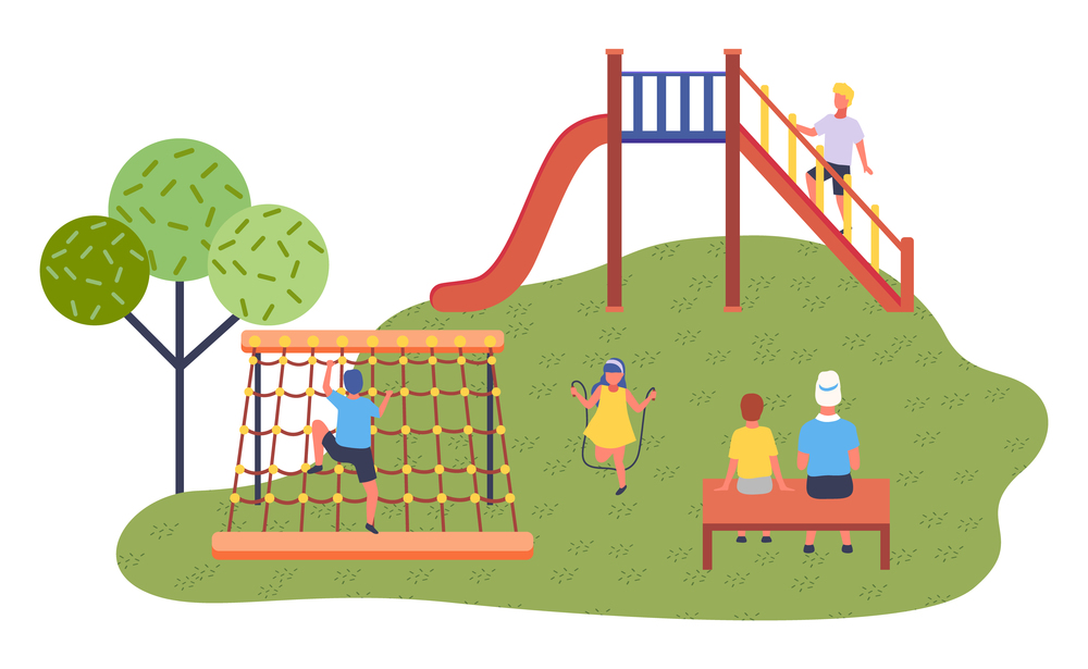Children spending time at playground. Kids have fun. Boy at slide stand at stairs. Girl wearing dress jumping at jump rope. Woman and son rest at bench. Boy climbing at rope wall, summer activities. Children spending time at playground, slide, rope wall, jumping rope, relaxing at bench, hobbies