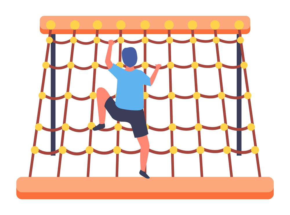 Little boy climbing at rope wall or net wall. Sports activity. Energy child spending time and have fun at sports playground isolated at white. Kid climb at rope net, barrier. Boy view from back side. Little boy climbing at rope wall or net wall, sports activity, energy child at sports playground