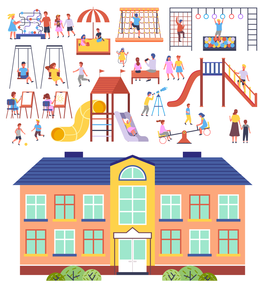 Children s activities. Kids playing at playground, with ball, jumping rope, gymnastics, sandbox, logic games, carousel, up-and-down, slide, board games, swing. School building or kindergarten. School building or kindergarten, children s activities, kids playing at playground, have fun