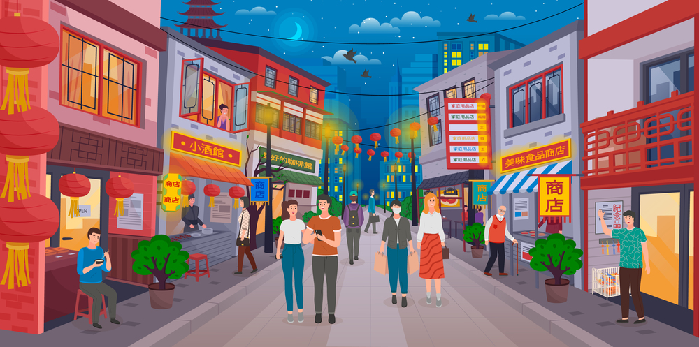 Chinese evening street. Traditional Asian buildings, shops, shops, Chinese lanterns. Tourists walk along the street, eastern sellers invite visitors. Woman in a protective mask. Bright Chinatown. Chinatown with tourists and Chinese sellers. Walk along the Chinese streets. Bright design