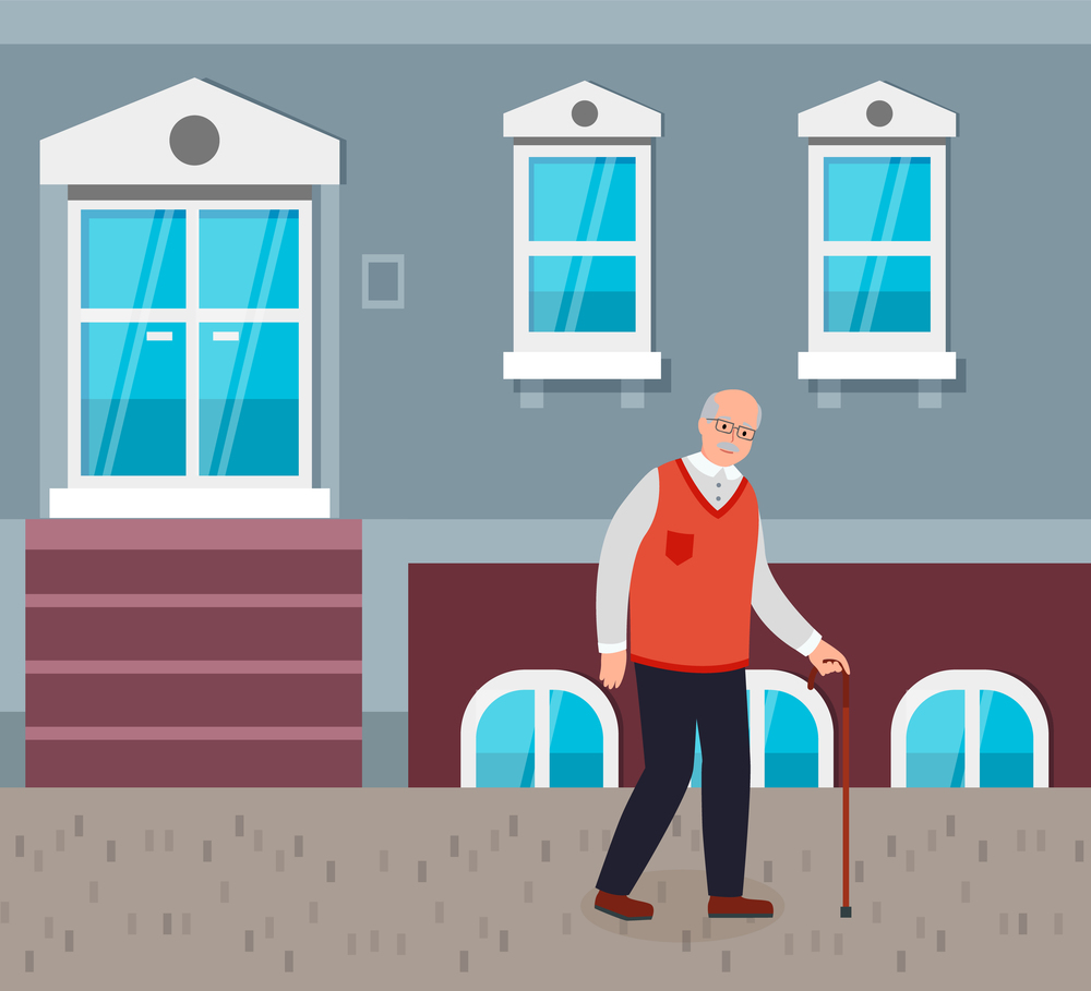 An elderly man with glasses and cane is walking the street, along a gray house with blue glass windows. Vintage house with base and porch. People walking at streets in urban area. Flat vector image. Elderly man with glasses and cane walking down the street. Vintage house with porch and socle