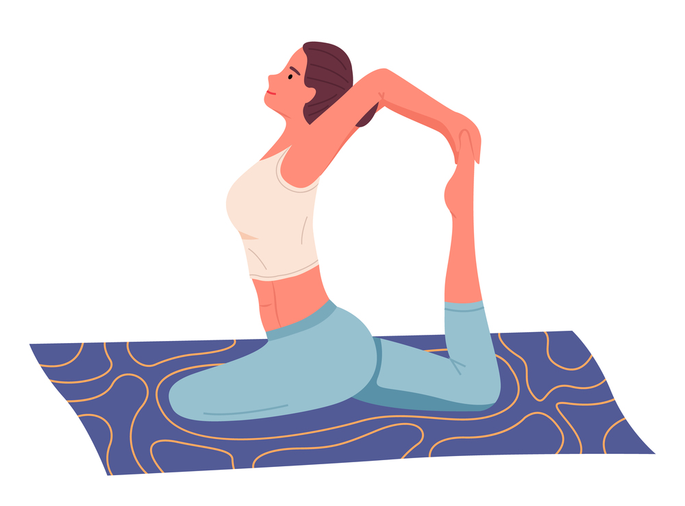 Cartoon vector character isolated at white background, woman making yoga, stretching exercises sitting at carpet. Young female doing sports. Healthy lifestyle, sport, flexible body, portrait. Cartoon vector character isolated at white background, woman making yoga, stretching exercises