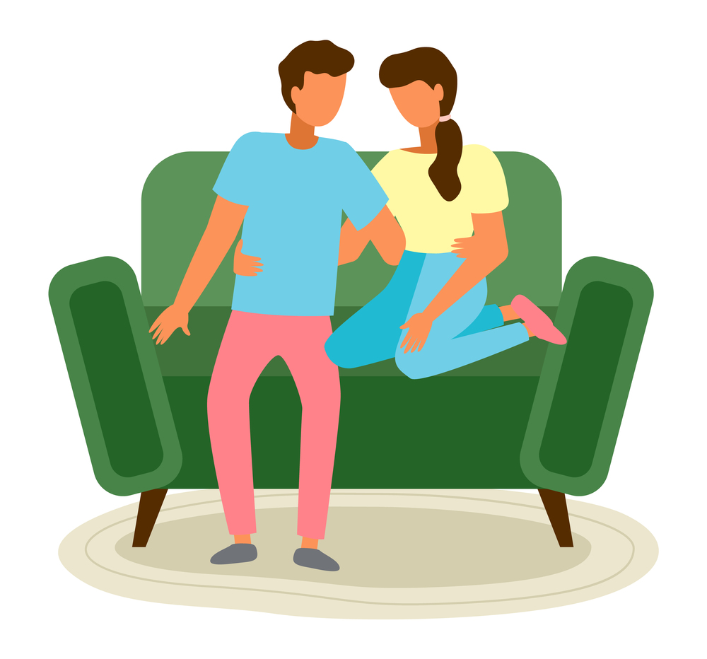Married young couple sits on a green sofa. Man and woman on the couch. Rest at home, relaxation. Pleasant time during quarantine. Self isolation, quarantine due to coronavirus. Flat image illustration. Young family couple sits on the green sofa. Relaxing and staying at home conception. Flat image