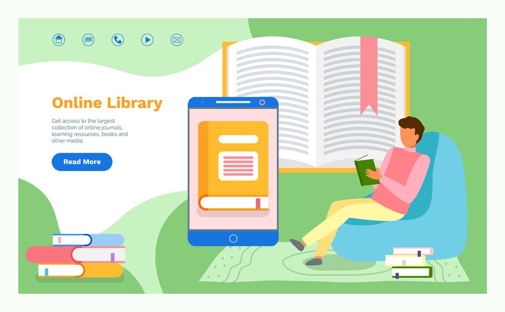 Landing page of online library web site. Man sits in chairs and reads a book at home. Large smartphone screen with picture of a book. Useful time spending . Reading online. Flat image illustration. Online library web site page. Studying and reading online. Man sitting in chair and reading a book