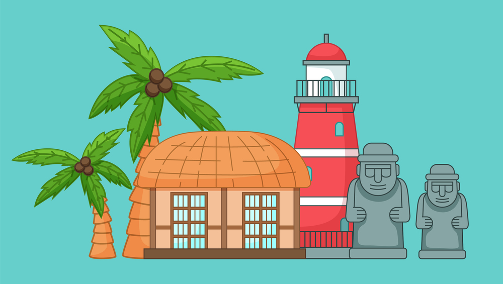 Stone sculptures and palm, red lighthouse and traditional rural house. Tourist attraction on Jeju Korean island vector illustration. Travel to South korea. Welcome to Jeju island. Vacation in Asia. Stone sculptures, palm, red lighthouse, traditional rural house. Tourist attraction on Jeju island